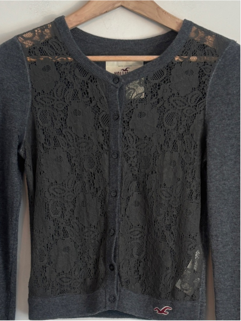 Vtg Y2K Hollister Gray Lace Front Knit Cardigan Sweater S Twilight Bella Swan - Picture 4 of 8